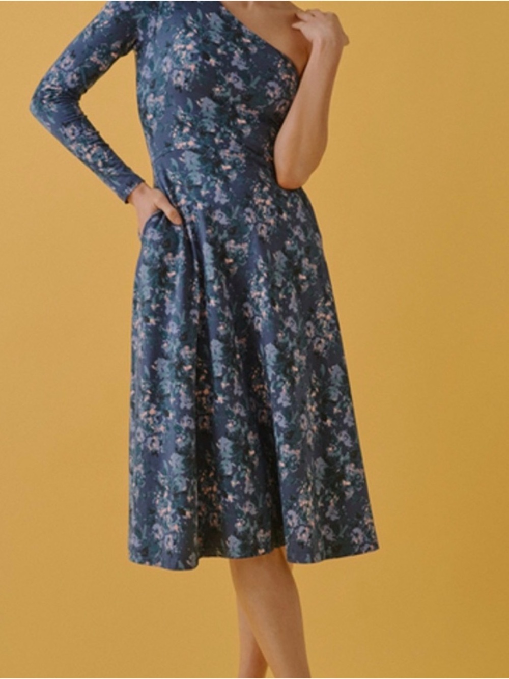 Pact XL one shoulder Dress fit n flare in Dark Teal Navy and soft Pink